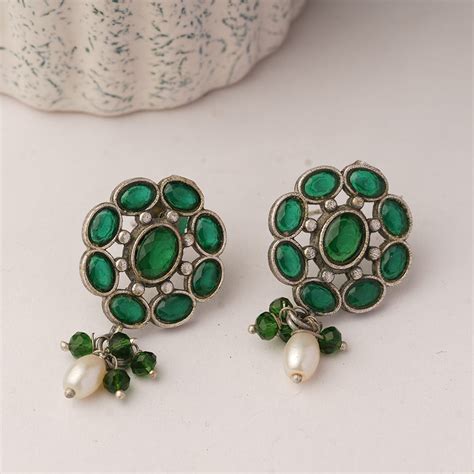 Harit- Silver Brass Stone-Studded Stud Earrings – Sanseeta