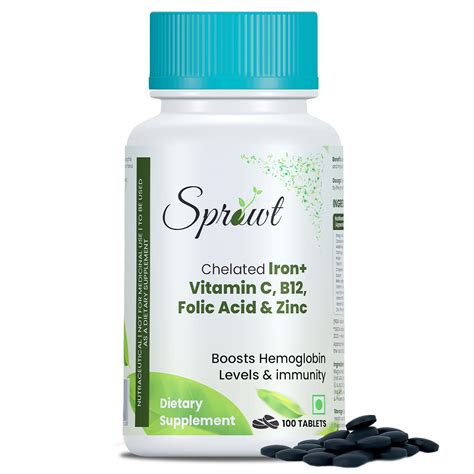 Sprowt Chelated Iron Tablets with Vitamin C, Zinc, B12 & Folic Acid ...