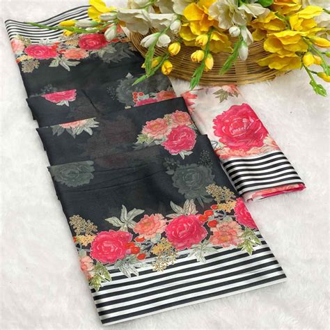 Vibrant Black Georgette Saree Adorned with Floral Digital Print & Sati