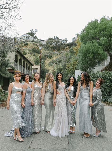 A Sophisticated + Sparkly NYE Wedding in LA | Silver bridesmaid dresses, Wedding bridesmaid ...