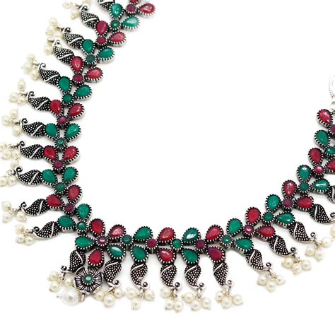 Niranjana Multi colored Silver Oxidized Necklace Set – Teejh