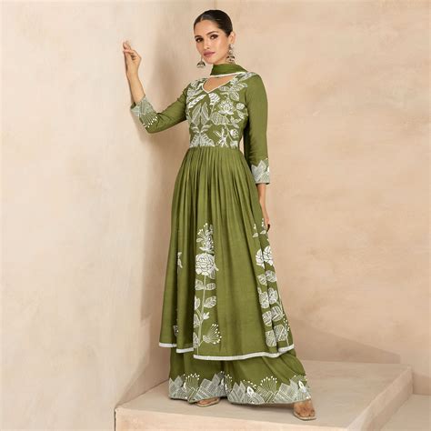 Greyish Blue Floral Embroidered Rayon Palazzo Suit