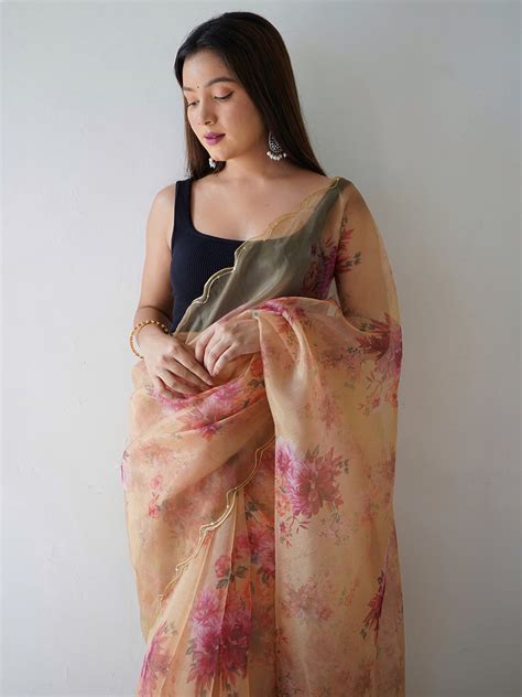 Buy Cream Organza Saree With Blouse Piece online-Karagiri