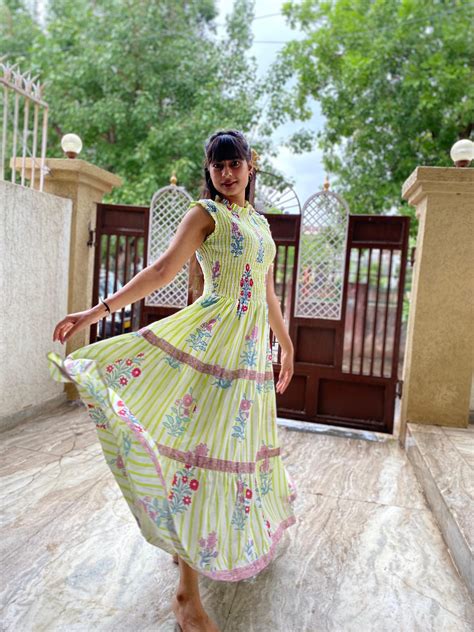 Floral Hand Block Print Neo Green Cotton Maxi Dress Tiered Dress ...