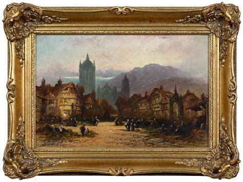 Felice Auguste Rezia - 19th Century Northern European Busy Town Scene at Dusk Signed Oil ...