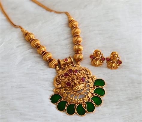 Matte finish kerala style ruby-green mango lakshmi kodi necklace set d ...