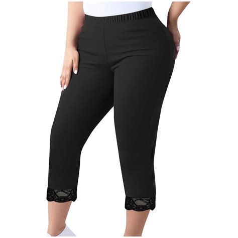 ABATAB Plus Size Capri Pants for Women Lace Trim Elastic Waist Slim Fit ...