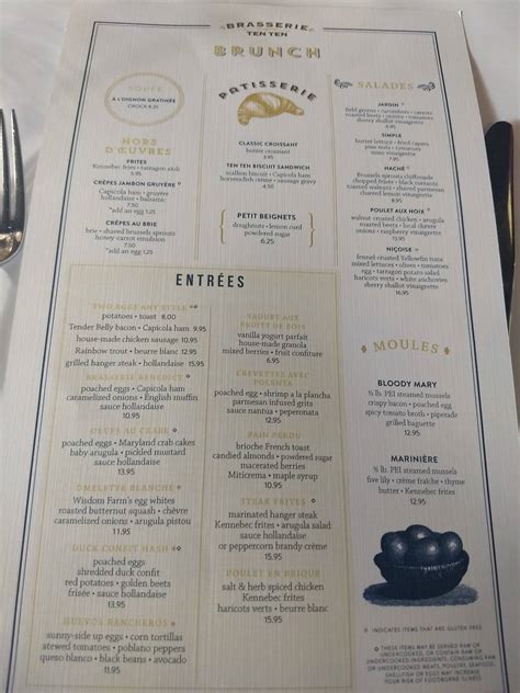 Menu at Brasserie Ten Ten restaurant, Boulder