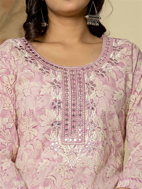 Pure Cotton Lavender Floral Embroidery Kurta Dupatta Pant Set – Yufta Store