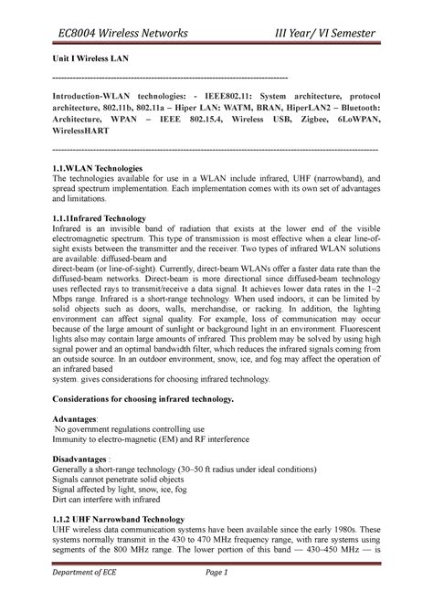 EC8004 - Wireless NEtworks -Unit I Wireless LAN notes - Unit I Wireless ...