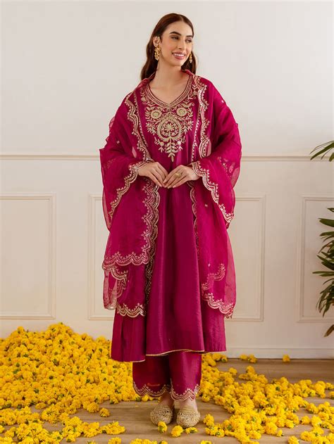 Emerald Green Zari Embroidered Chanderi Suit - Set of 3