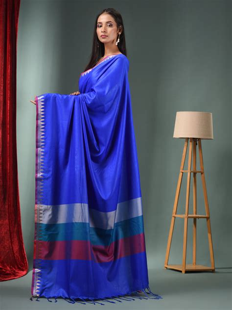 Blue Blended Silk Handwoven Saree With Temple Zari Border – Charukriti