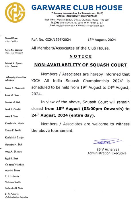 Non Availability of Squash Court August 2024 - Garware Club House