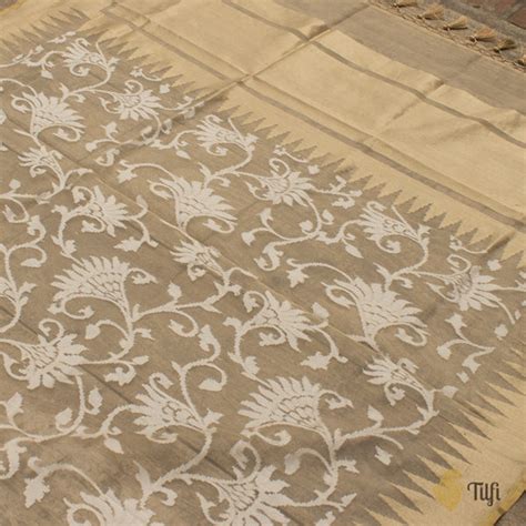 Beige Pure Kora Net Banarasi Handloom Dupatta - Tilfi