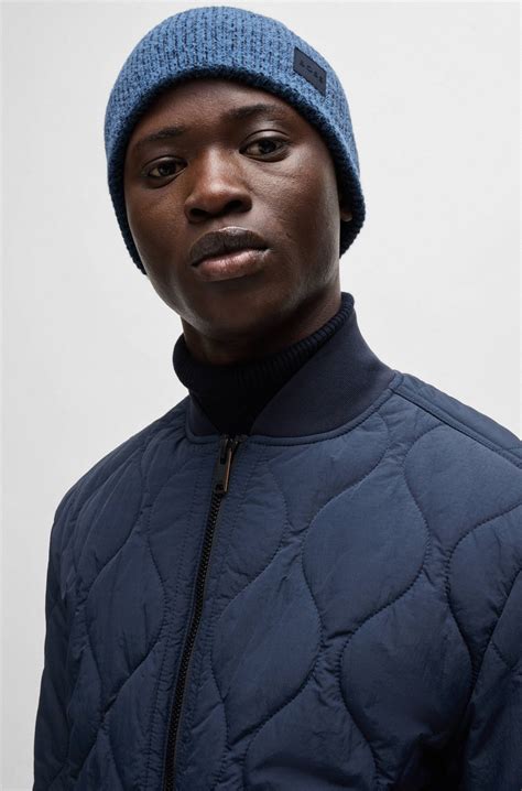 BOSS - Ribbed beanie hat with contrasting logo label - Dark Blue