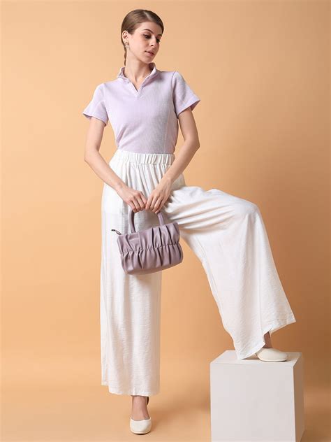 SHOWOFF Women's Solid Off White Pleated Loose Fit Trouser