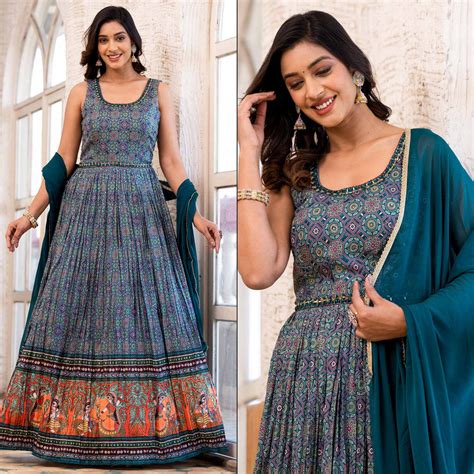 Morpich Blue Printed Dola Silk Anarkali Style Gown With Mirror Work