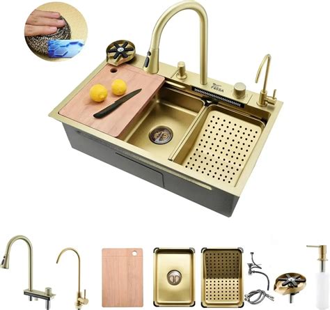 Fossa 30x18x09 Inch Premium Waterfall Kitchen kitchen Sink – Gold Nano ...