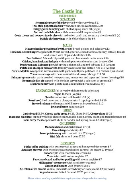 Castle Inn full menu online