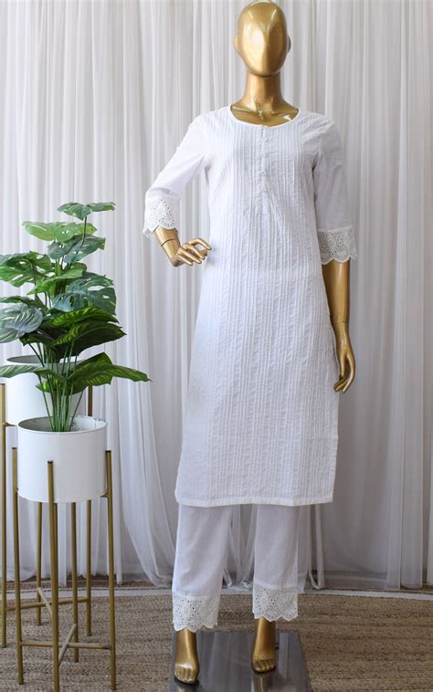White Cotton Pintucks Kurta and Pant Set