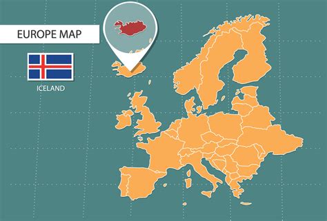Iceland map in Europe zoom version, icons showing Iceland location and ...