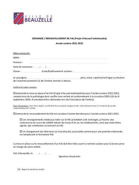 Fillable Online DEMANDE / RENOUVELLEMENT DE PAI (Projet d'Accueil ...
