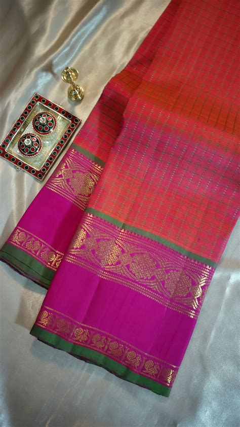 Kanakambaram Orange pink green Kanjivaram Handloom pure silk saree ...