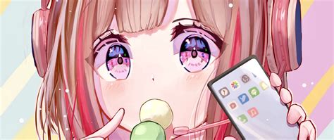 Download wallpaper 2560x1080 girl, headphones, phone, candy, pink ...