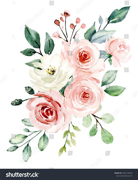 Pink Flowers Watercolor Floral Clip Art 스톡 일러스트 1602716035