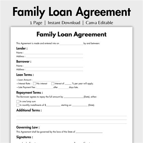One Page Family Loan Agreement, Editable Family Loan Contract Form Template Canva, Printable ...