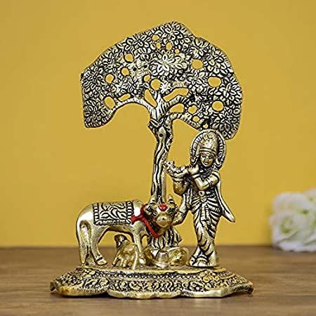 Buy eCraftIndia Lord Krishna Playing Flute Under Tree with Golden Cow ...