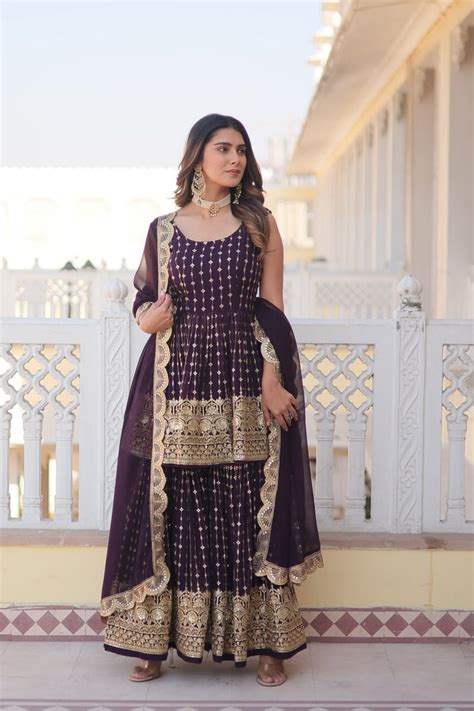 Wine Premium Designer Kurti-Gharara-Dupatta Set for Dazzling