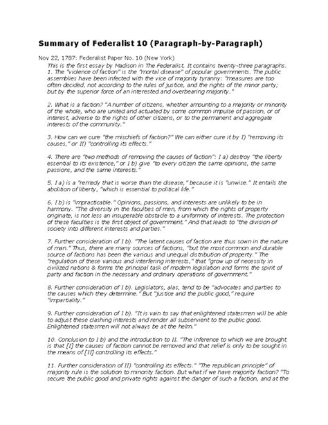 0828 federalist 10 - Summary of Federalist 10 (Paragraph-by-Paragraph ...