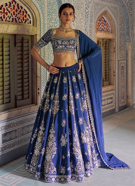 Navy Blue Embroidered Viscose Crepe Lehenga