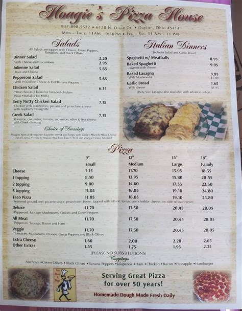 Menu at Hoagie's Pizza House,Inc. pizzeria, Dayton