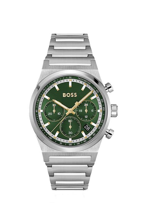 BOSS - Green-dial chronograph watch in silver-tone steel - Silver tone