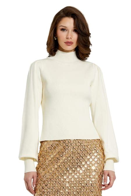 Buy Ivory Ribbed Knit Fabric (72% Viscose Turtle Neck Sweater For Women ...