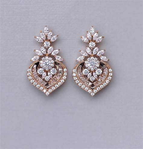 Rose Gold Crystal Bridal Earrings Marquise CZ Statement - Etsy India