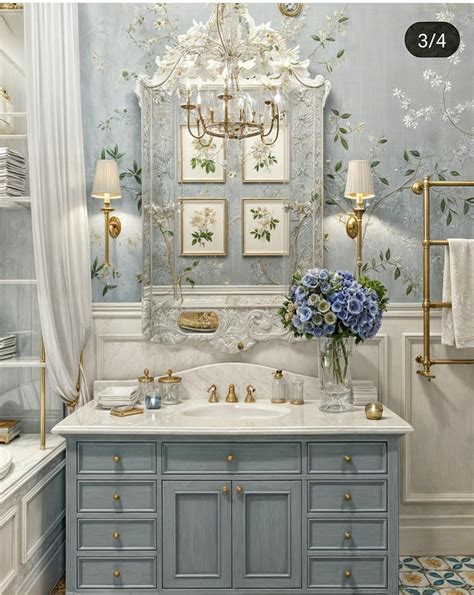 Elegant Blue and White Bathroom with Gold Accents