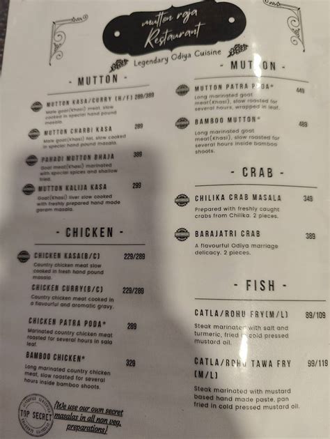 Menu at Mutton Raja, Bhubaneswar