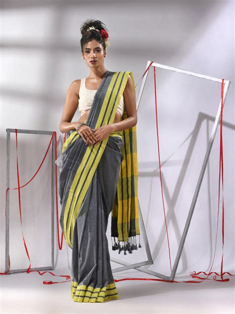 Grey Cotton Saree with Stripe Border – Charukriti