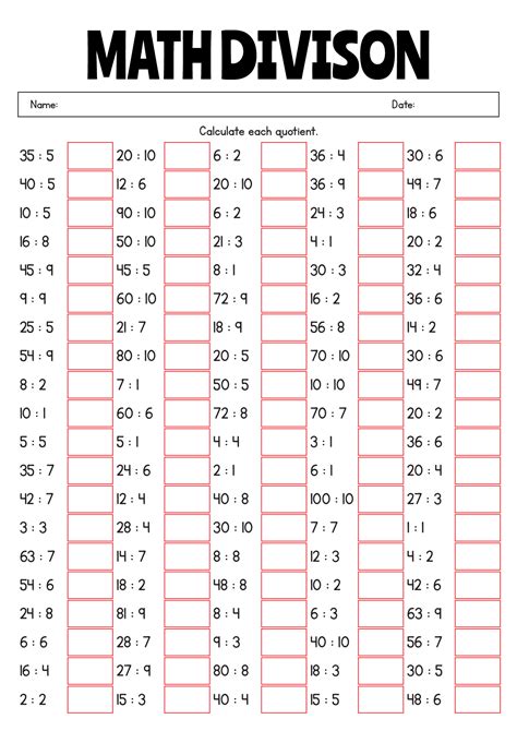 Division Facts Worksheets Printable