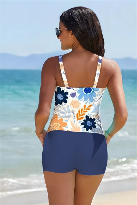 Floral Square Neckline Low Back High Waist Tankini Set With Short ...
