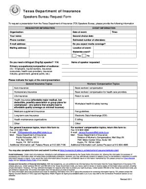Fillable Online TDI Speakers Bureau Request Form - Texas Department of ...