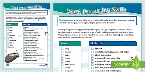 Using Word Processing Programs Skills Checklist