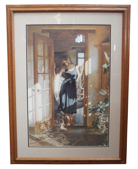 Steve Hanks 'Santa Fe Sun' Signed Lithograph Woman Doorway Cottage Oak Frame 37"