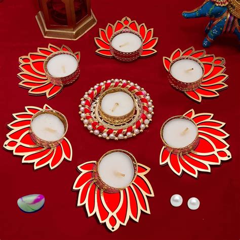 GIFT JAIPUR Handcrafted 7 Pc Red Lotus Chudi Diya Rangoli No Scent ...