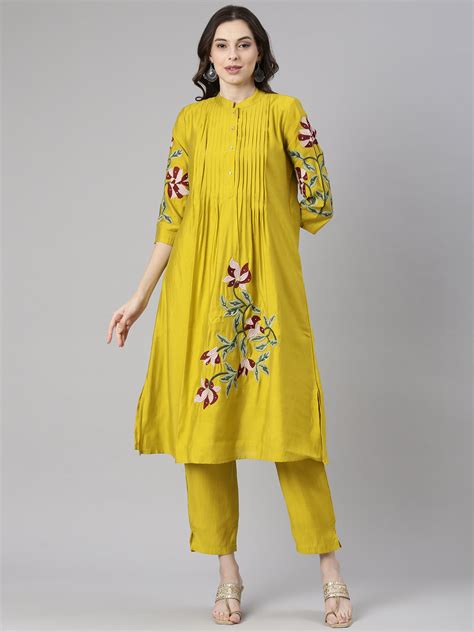 Neerus Mustard Embroidered Straight Kurta and Trousers – Neerus India