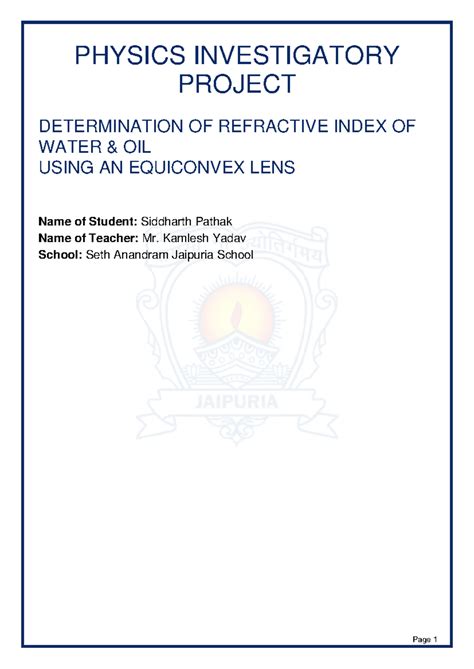 PHYSICS INVESTIGATORY PROJECT: REFRACTIVE INDEX OF WATER & OIL - Studocu