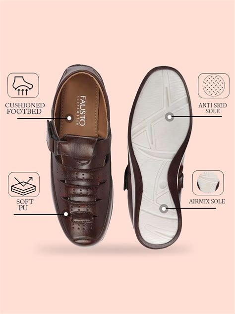 Shop Men Brown Laser Cut Perforated Shoe Style Roman Sandal with Buckle ...